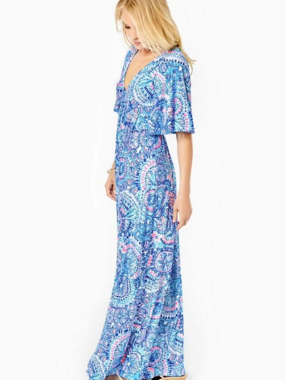 Lilly Pulitzer Women's Minka Maxi Dress Size 8 Blue Grotto Flutter Sleeve EUC